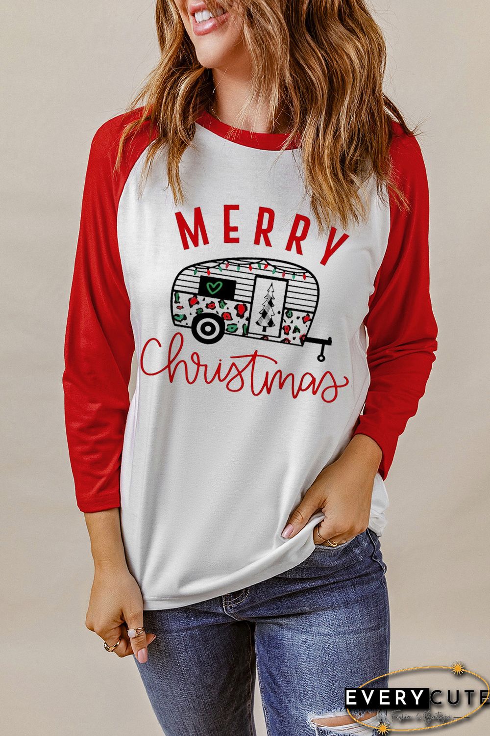 Red Merry Christmas Graphic Print Color Block Top