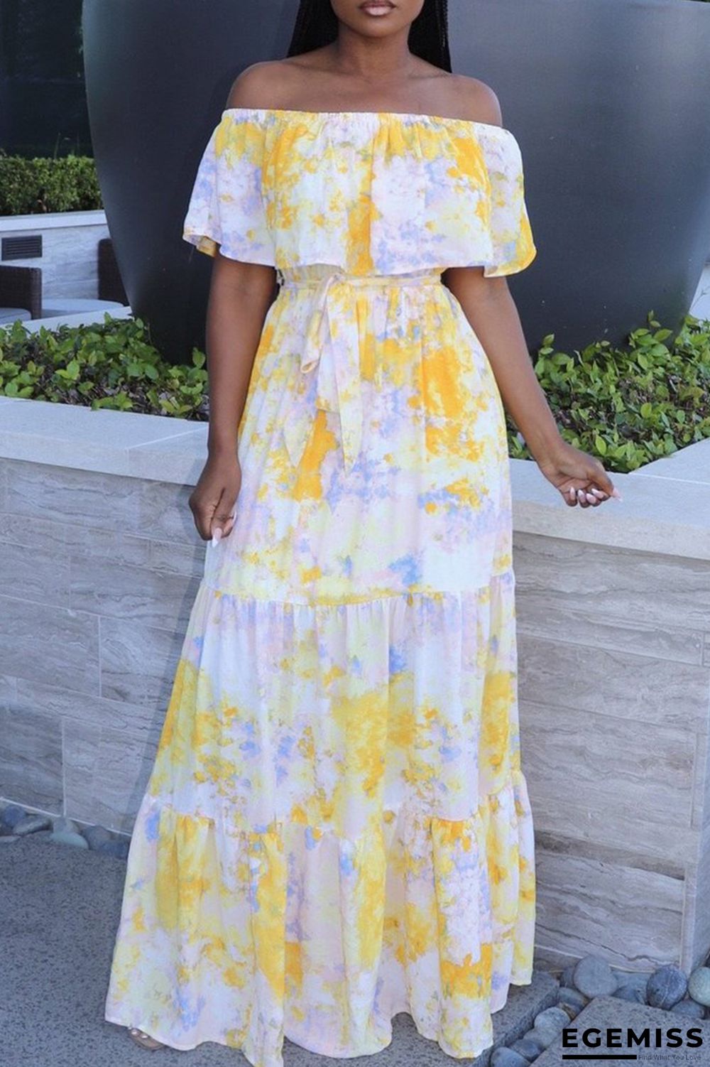 Yellow Sexy Casual Print Backless Off the Shoulder Short Sleeve Dress | EGEMISS