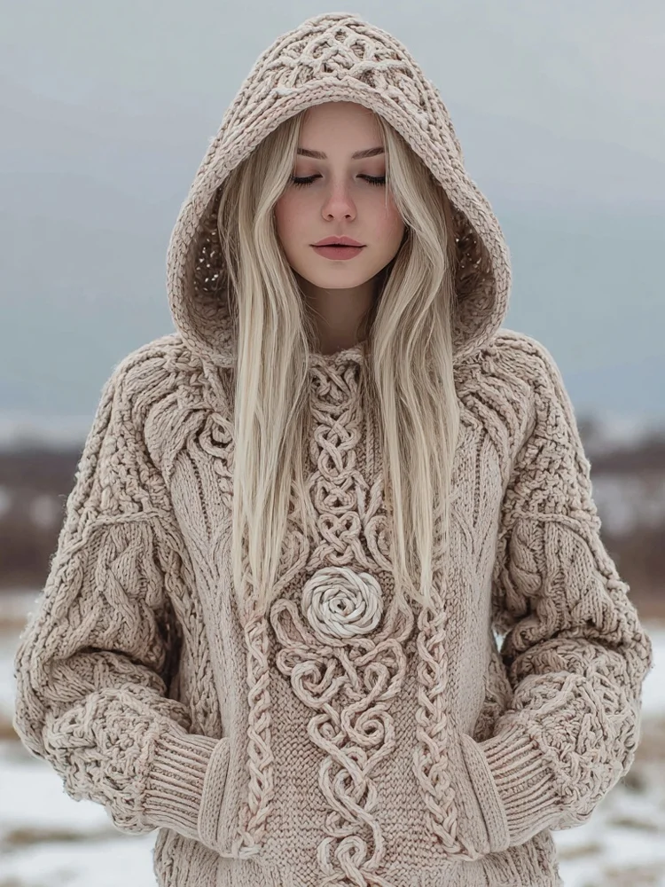 Vintage Viking Inspired Rose Knit Chunky Hooded Sweater