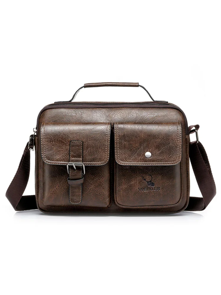Vintage Men PU Leather Messenger Bag Multi Pockets Handbags (Dark Brown)