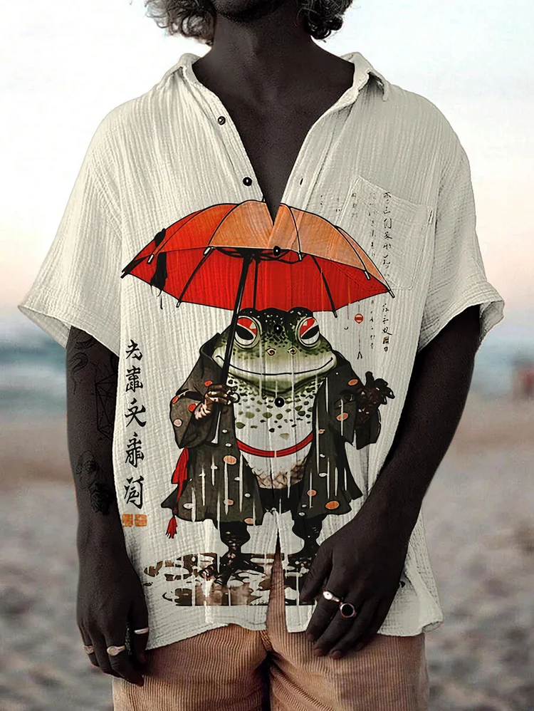 Men's Japanese Art Frog Holding Umbrella Printed Cotton and Linen Short Sleeve Shirt