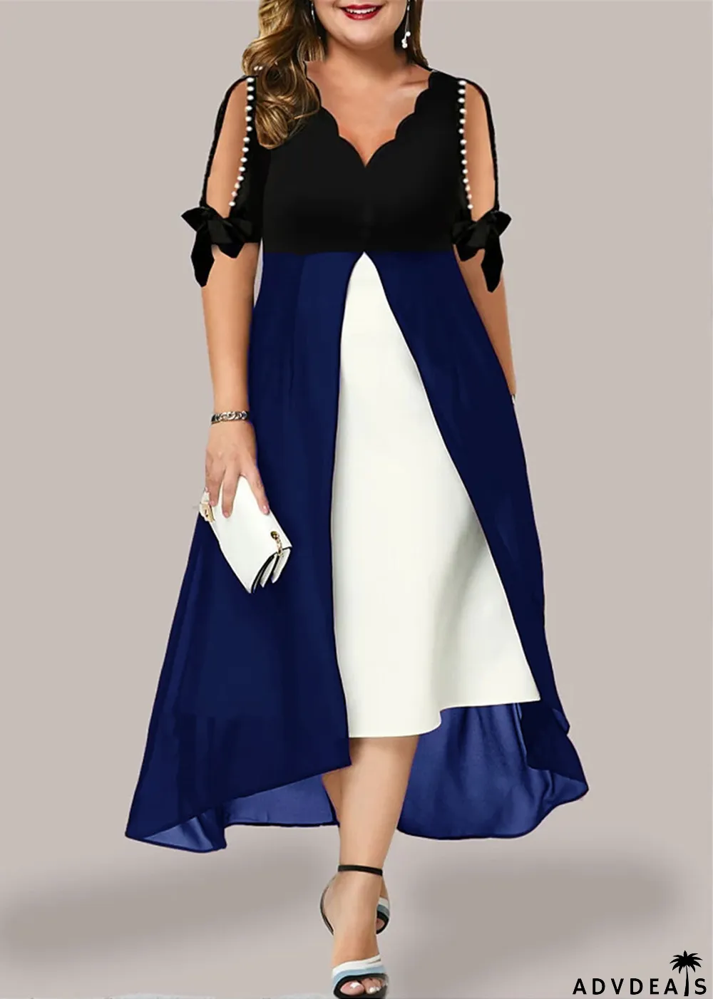 Plus Size Women Summer Colorblock Patchwork Beaded V-Neck Half-Sleeve Dress