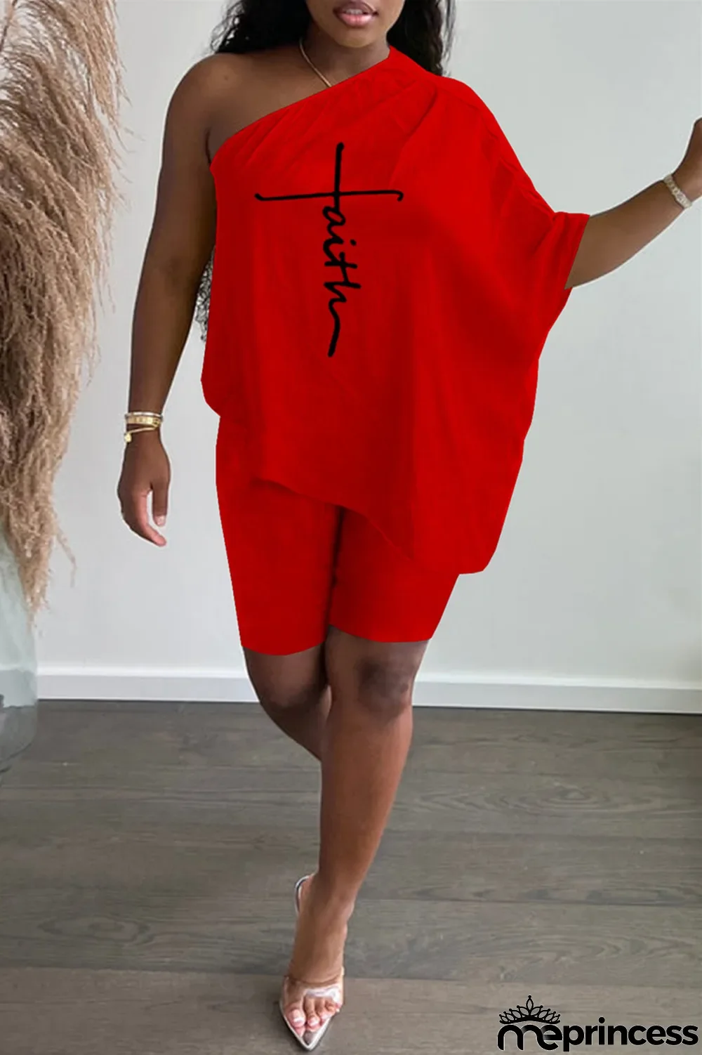 Red Fashion Casual Print Backless Oblique Collar Short Sleeve Two Pieces