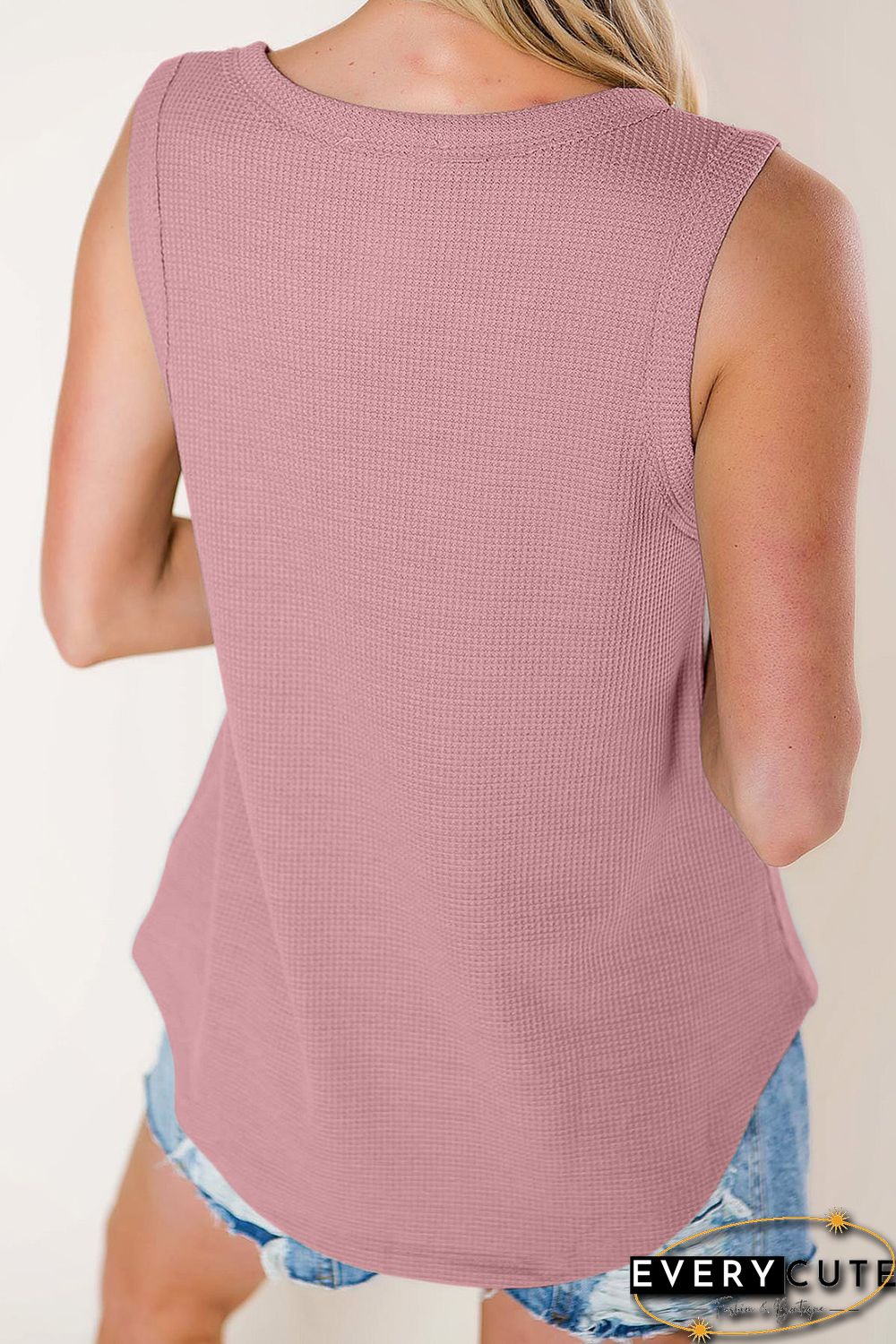 Pink Notched Neck Eyelet Thermal Knit Tank