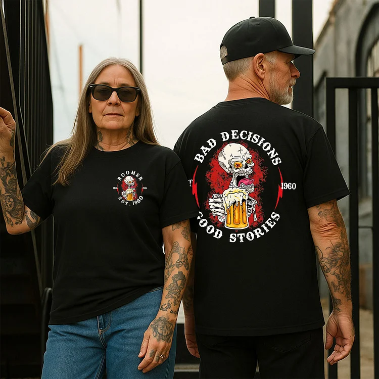 Bad Decisions Make Good Stories Drinking Skull T-shirt, Boomer Custom Year Of Birth T shirt, Cotton Tee Shirt