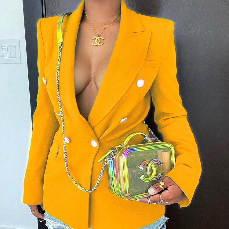 Women Business Professional Attire Slim Double-Breasted Solid Color Fashion Top Casual Suit Jacket