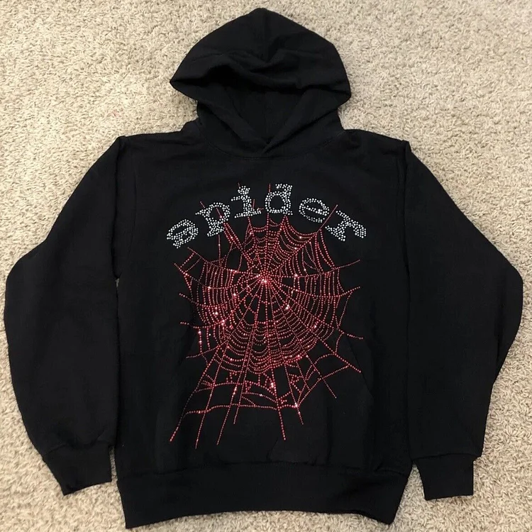 Diamond Spider Web Graphic Black Pullover Hoodie SOPULA