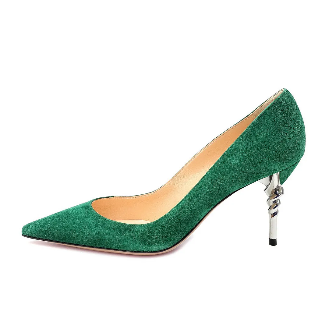 Green Vegan Suede Pointed Toe Decorative Heel Pumps for Women