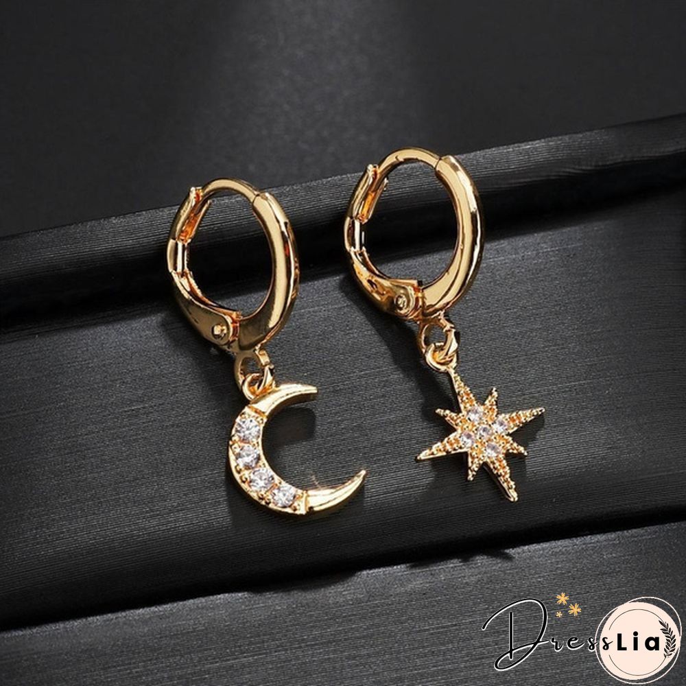 New 925 Silver Personality Asymmetric Star Moon Earrings Female Zircon Earrings Jewelry