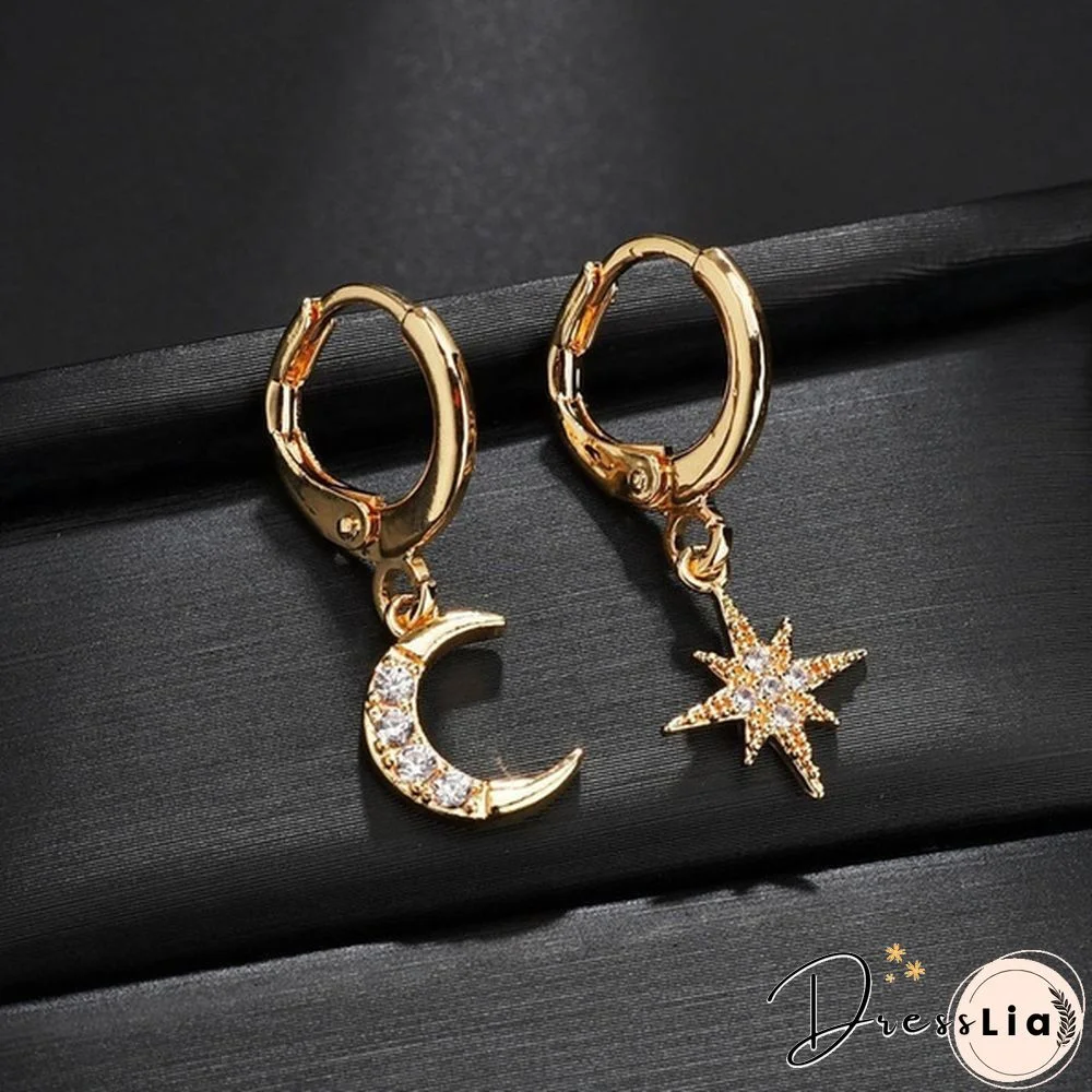 New 925 Silver Personality Asymmetric Star Moon Earrings Female Zircon Earrings Jewelry