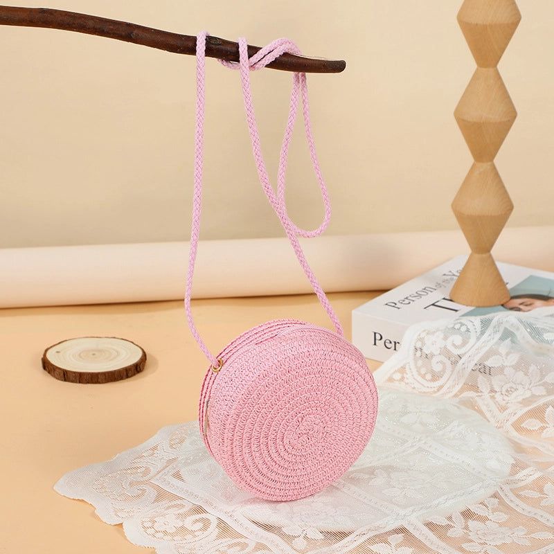 Girl’S Straw Solid Color Cute Round Zipper Shoulder Bag