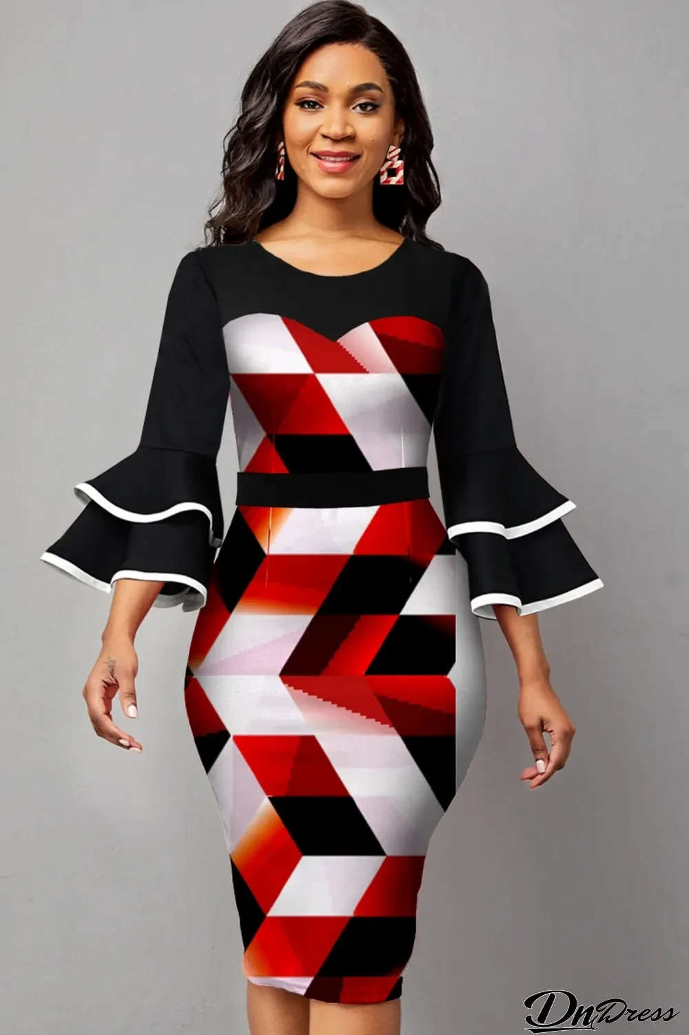 Spring Color Block Geommetric O-Neck Formal Midi Dress