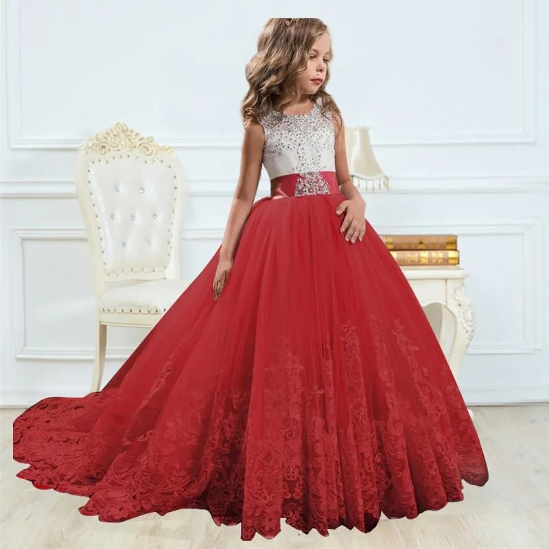 White Flower Girls Dresses For Wedding Tulle Lace Long Girl Dress Party Christmas Dress Children Princess Costume For Kids 12T