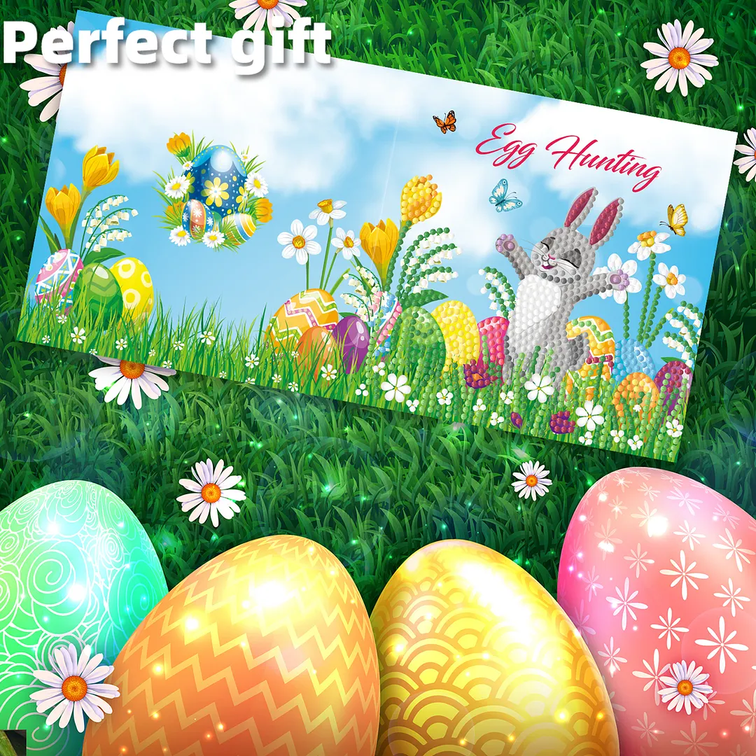 4Pcs Rabbit Easter Egg Theme DIY Diamond Painting Greeting Card Set with Envelopes 5D Unique Rhinestone Arts Card Rhinestone Diamonds Art Postcards for Adults Gifts Families Friends Partners