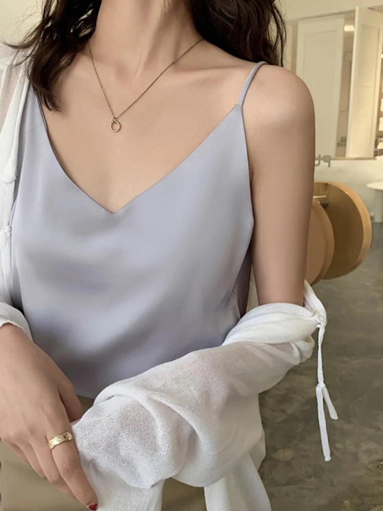 Athvotar V-Neck Sexy Solid Satin Woman Camis Tank Tops Chiffon Sleeveless Camisole Top Halter Camis Tops
