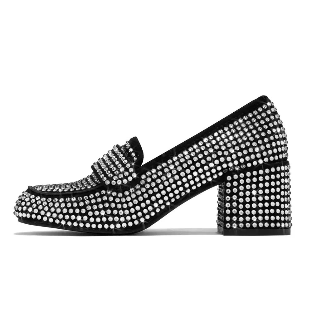 Black Square Toe Comfort Daily Chunky Heel Diamond Loafers Shoes
