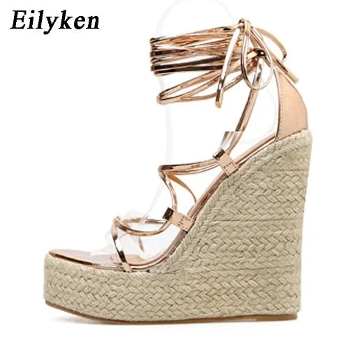 Eilyken 2022 New Champagne Gold Women Sandals Black Lace-up Peep toe Summer Wedges High Heels Large Size 35-42 Elegant Sandals