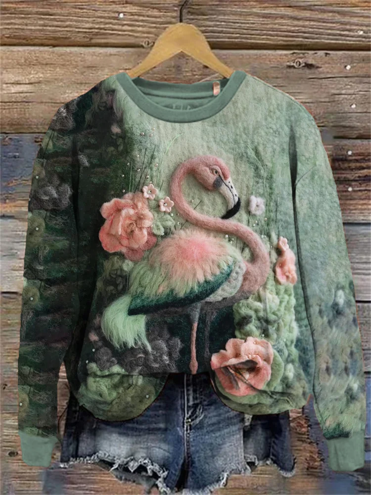 VChics Forest Flamingo Felt Art Crew Sweatshirt