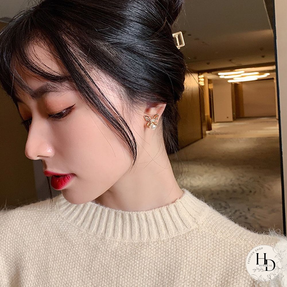 1 Pair Fashion Exquisite Women's 14K Yellow Gold Butterfly White Sapphire Diamond Stud Earrings White Pearl Stud Earrings for Wedding Engagement Party Jewelry Gifts