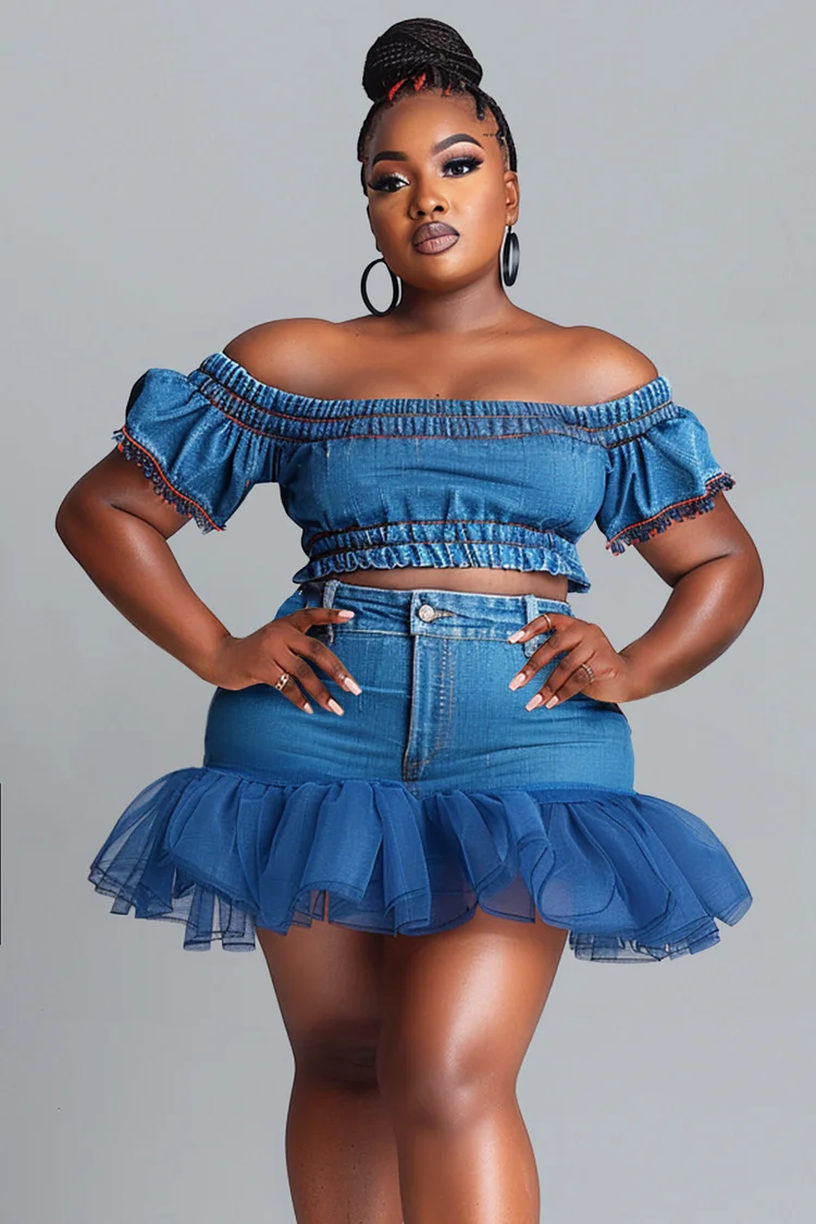 Xpluswear Design Plus Size Vacation Blue Casual Off The Shoulder Short Sleeve Contrast Denim Two Piece Skirt Sets [Pre-Order] 2024 - Xpluswear