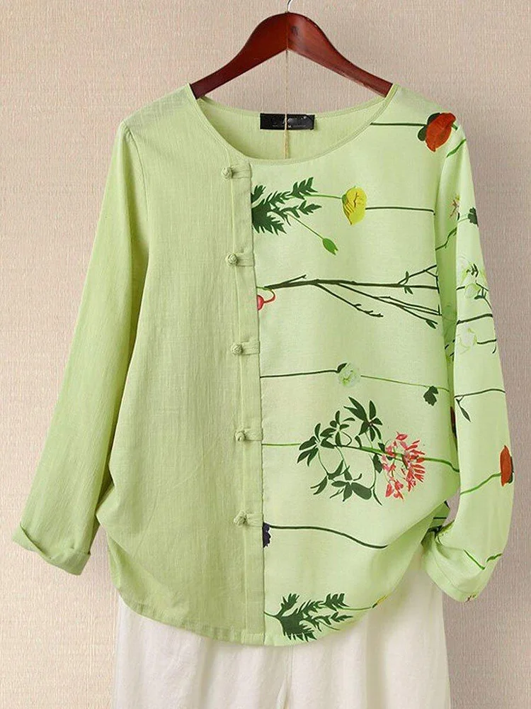Women's Vintage Cotton Linen Print Loose Casual Shirts Long Sleeves
