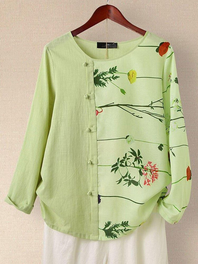 Women's Vintage Cotton Linen Print Loose Casual Shirts Long Sleeves