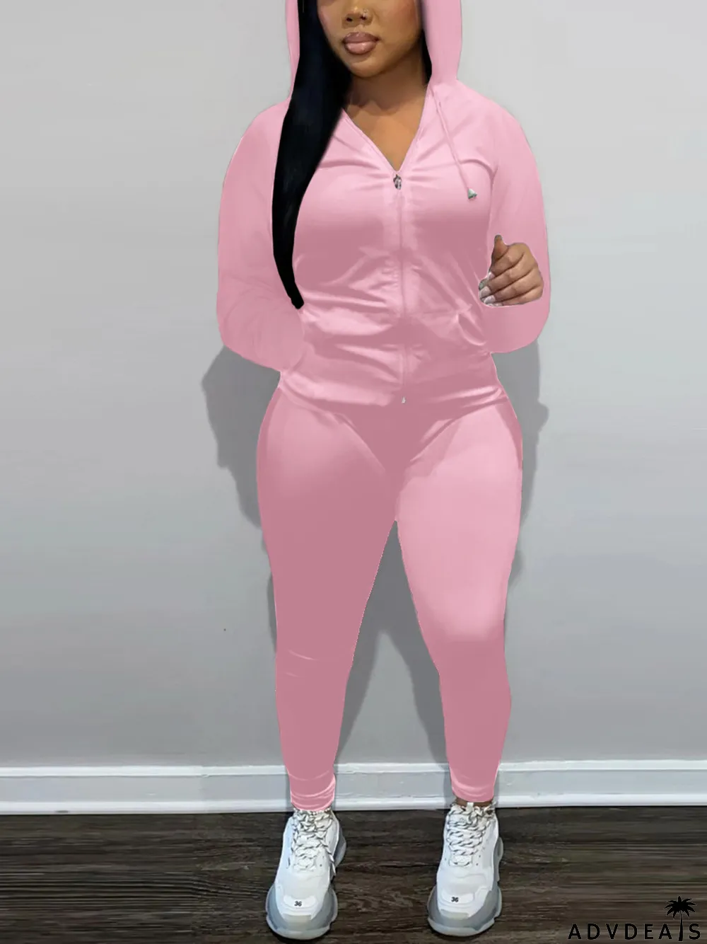 Fashion Zipper Hooded And Pants Two Piece Set