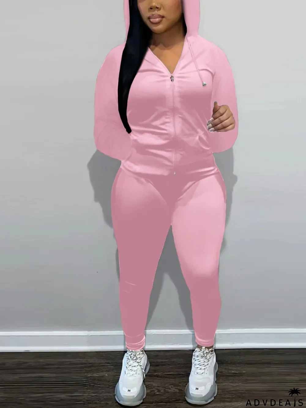 Fashion Zipper Hooded And Pants Two Piece Set