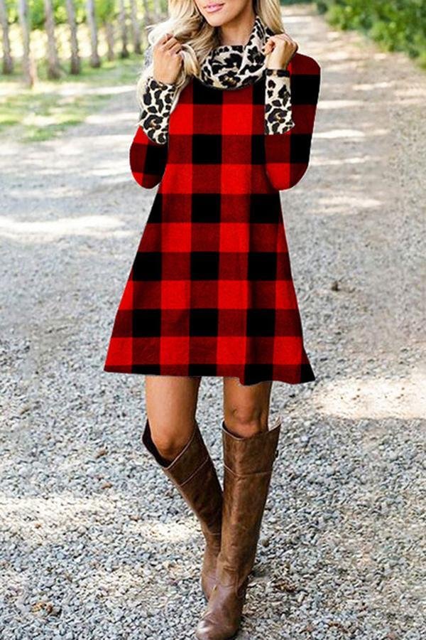 Womens Urban Color Block Tartan Leopard Print Pile Collar Mini Dress-Allyzone-Allyzone