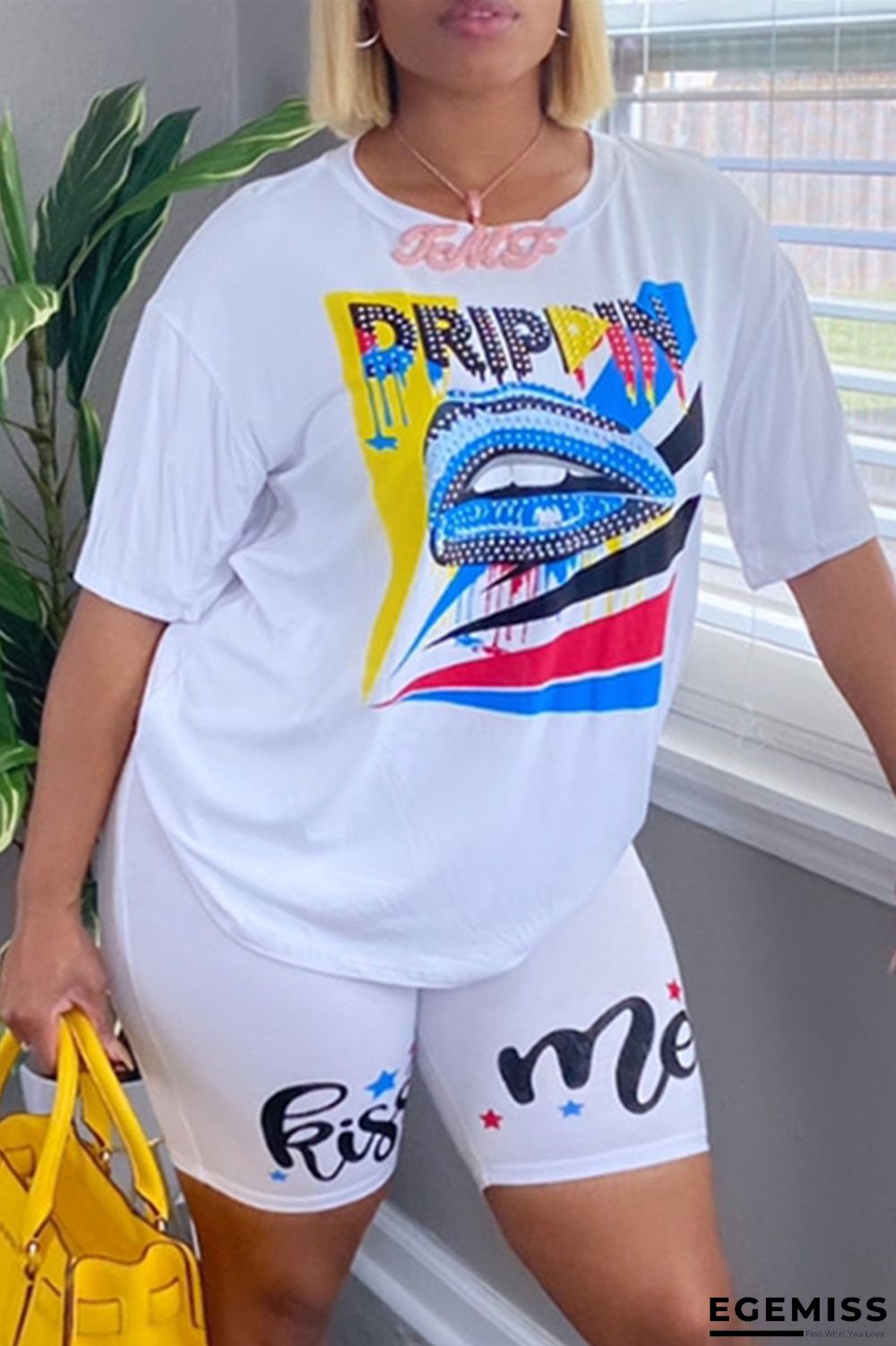 White Fashion Casual Print Basic O Neck Short Sleeve Two Pieces | EGEMISS