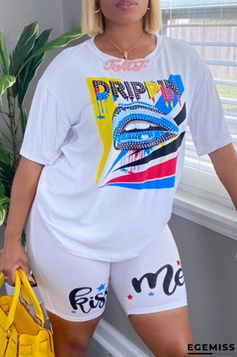 White Fashion Casual Print Basic O Neck Short Sleeve Two Pieces | EGEMISS