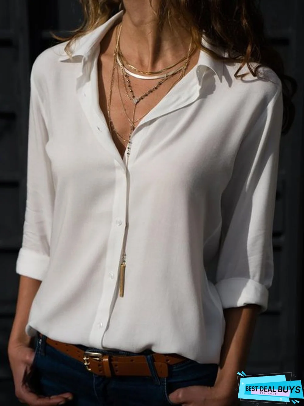 Woman Casual Buttoned Long Sleeve Solid V-Neck Blouse