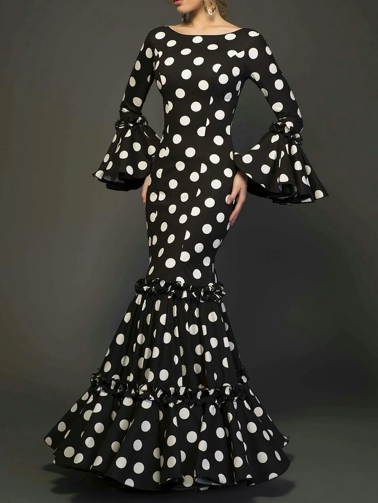 Elegant Flare Sleeve Polka Dots Ruffle Hem Maxi Dress