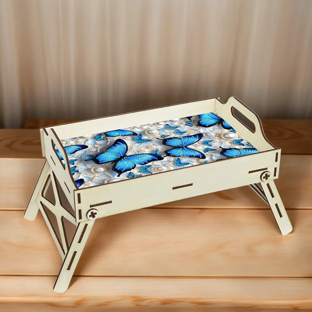 5D DIY Butterfly Diamond Painting Wooden Serving Tray with Handle for Home Decor