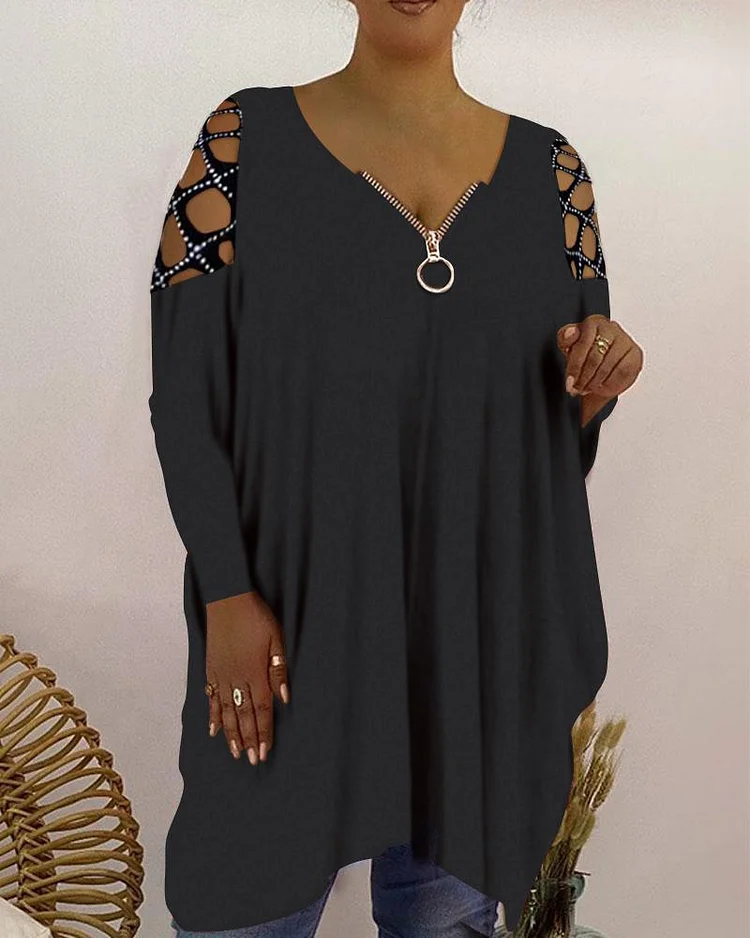 （Hot sale🔥）V-neck zipper monochrome loose long-sleeved top