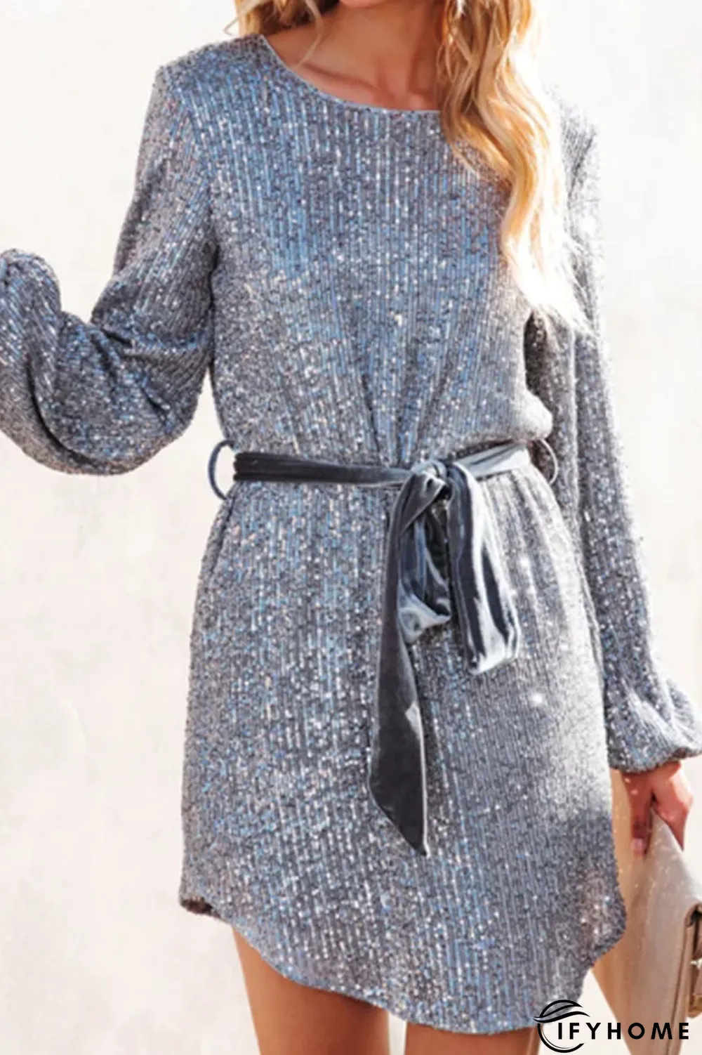 Elegant Solid With Belt Sequins O Neck A Line Dresses | IFYHOME