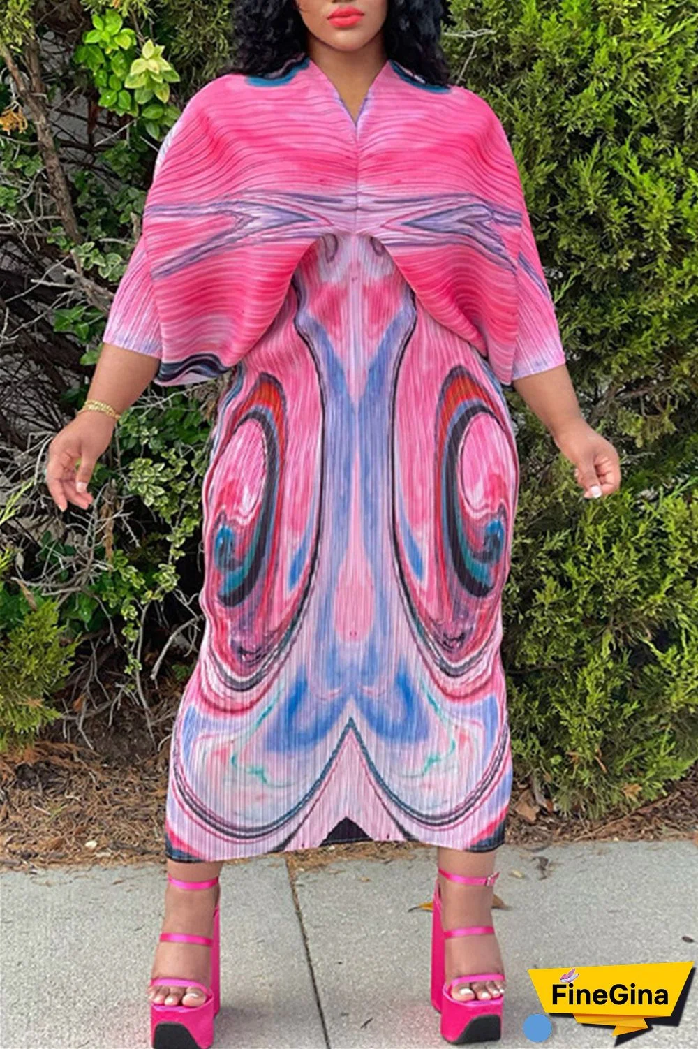 Pink Purple Casual Print Patchwork V Neck Pencil Skirt Plus Size Dresses