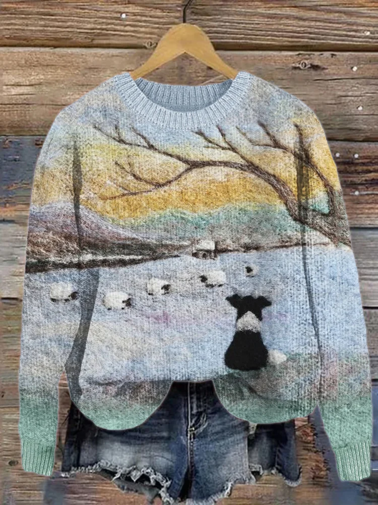 Border Collie & Sheep Winter Landscape Felt Art Cozy Sweater