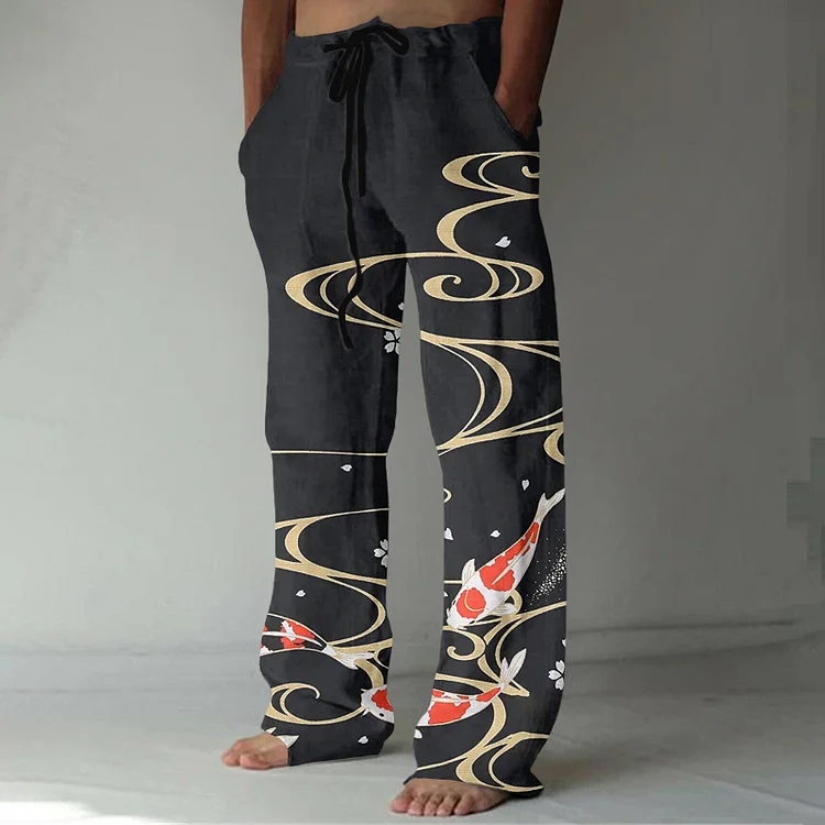 Japanese Fish Art Print Linen Pants