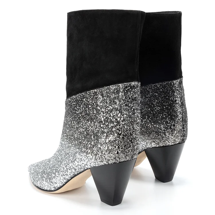 Mid-Calf Fashion Boots with Silver Ombre Glitter and Black Vdcoo