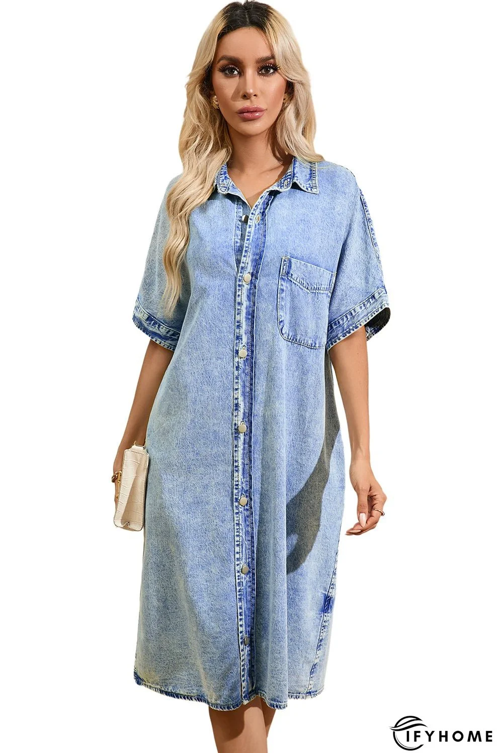 Denim Shirt Dress with Button Pockets | IFYHOME