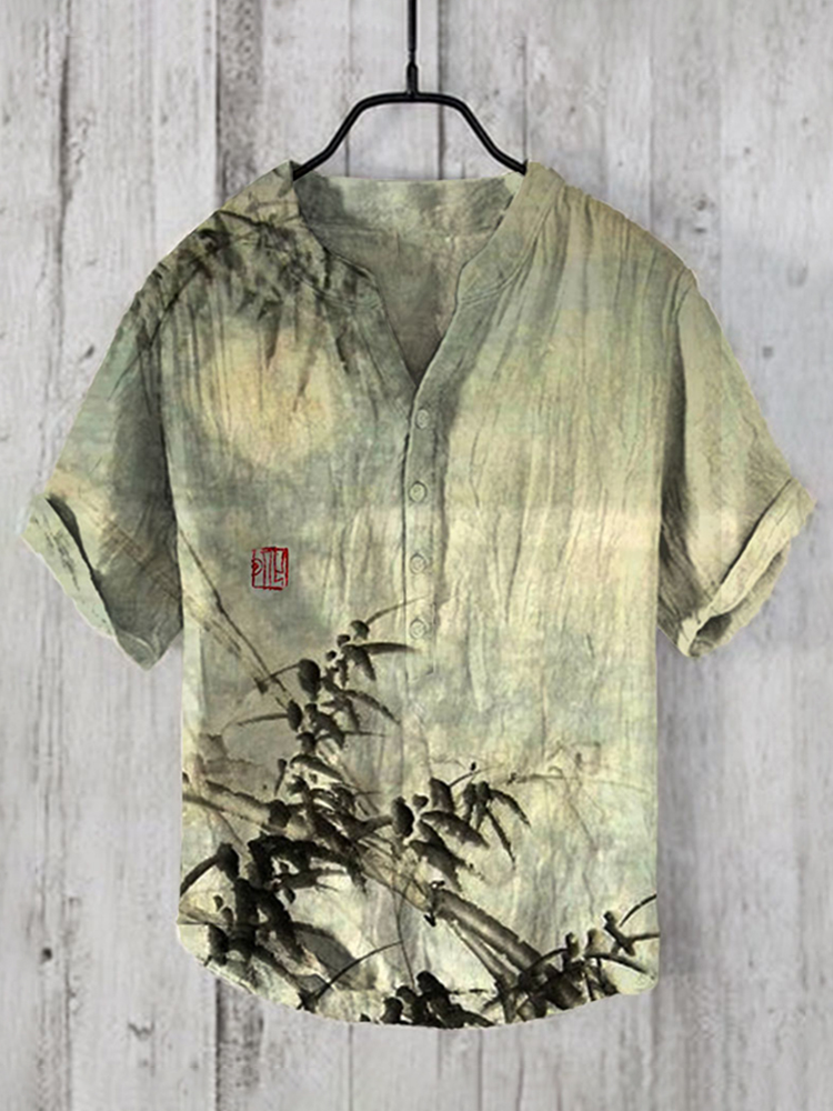 Comstylish Men's Vintage Japanese Art Moon And Bamboo V Neck Casual Linen Blend Shirt