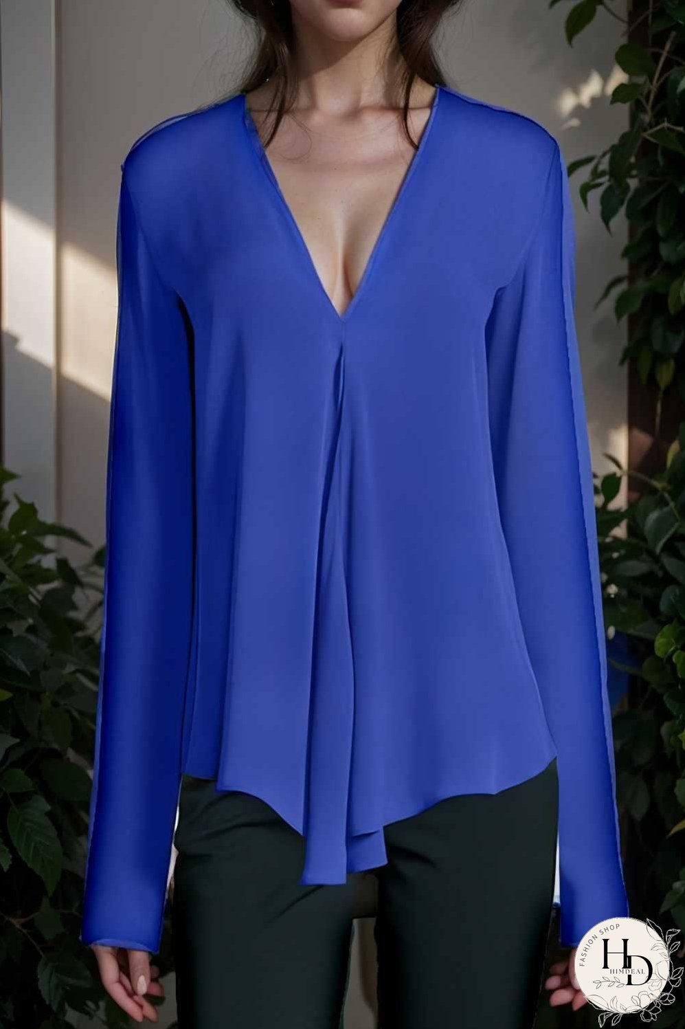 v neck long sleeved chiffon solid blouse drop shoulder closed shirt