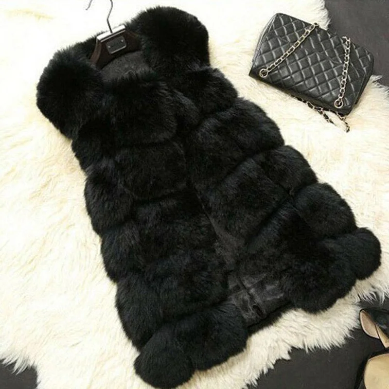 FTLZZ Winter Women Faux Fur Coats New Warm Slim Sleeveless Faux Fox Fur Vest Casual Jacket Female Elegant Black White Casaco