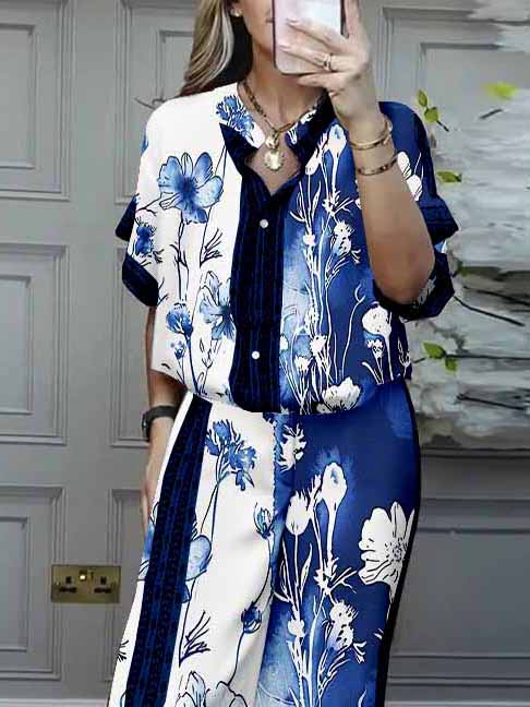 Women Floral,Blue,White DZDL1102 V-neck Short Sleeve Blouse and Pants Set