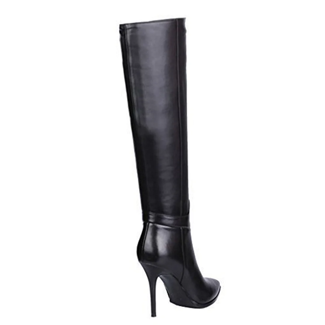 9.5cm Zipper Leather Mid Heels Knee Boots Black-MERUMOTE