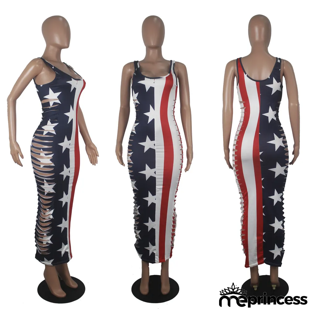 Plus Size America Flag Print Hollow Maxi Dress