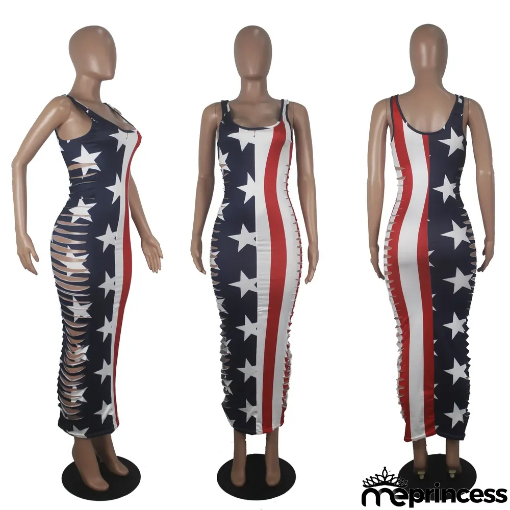 Plus Size America Flag Print Hollow Maxi Dress