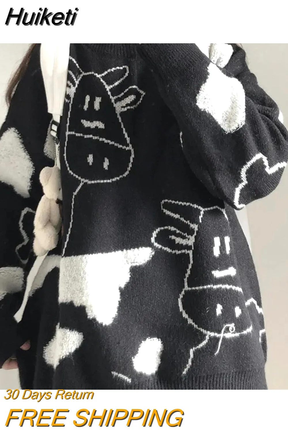 Huiketi cartoon cow sweaters women's 2023 new autumn and winter Korean style loose long-sleeved pullovers sweater casual outer wear