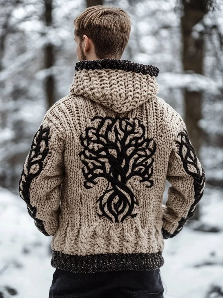 Men's Vintage Viking Style Jacquard Cozy Knit Hooded Cardigan